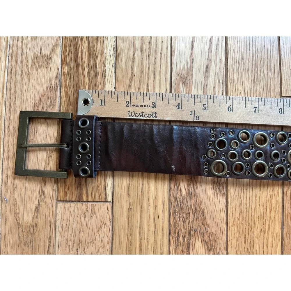 Vintage Y2K Brown Leather Multi Grommet Eyelet Wide Belt Antique Brass Steampunk